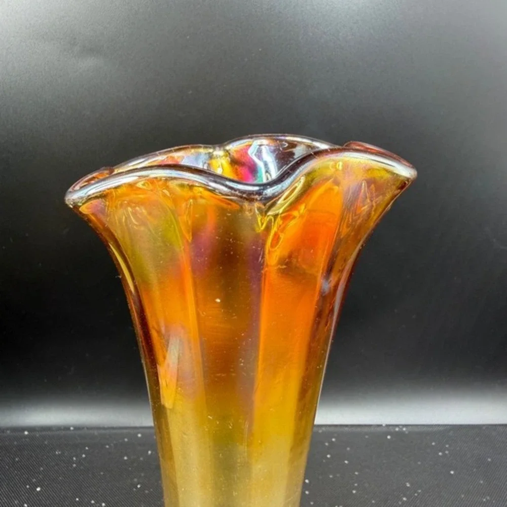 Vintage Marigold Carnival Glass‎ Iridescent Ruffled Trumpet Vase 8 Inch Sunburst